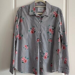 Rails Blue and White Striped Shirt with Pink Floral Accents